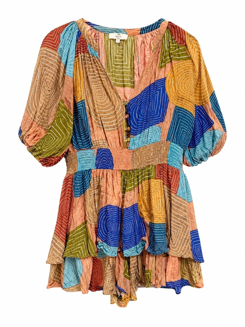 entro Multicolor Geometric V-Neck Peasant Tunic